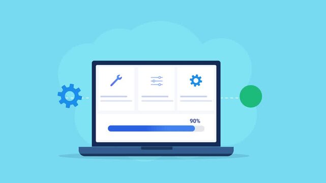 Modern flat vector animation of a laptop displaying a tools dashboard with utility icons, settings, and progress bar. Ideal for software, productivity, web applications, and technology projects.