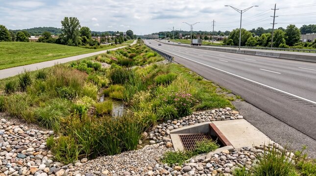 urban drainage solutions, a wide view of a bio swale alongside a partially empty highway with greenery