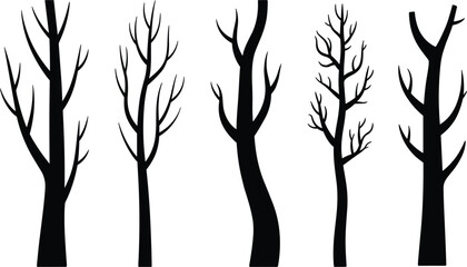 Bare tree trunk silhouette vector set, dead wood leafless branches collection isolated on a white background © kaiyum