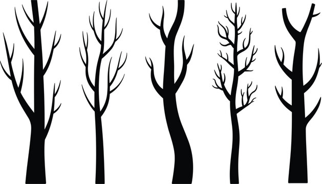Bare tree trunk silhouette vector set, dead wood leafless branches collection isolated on a white background