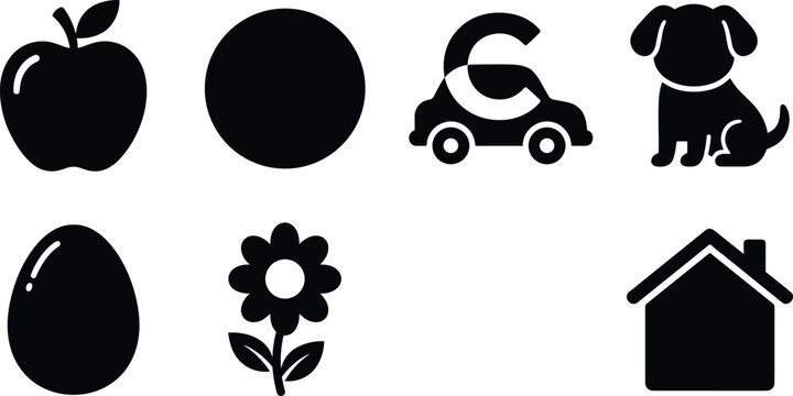 Basic everyday objects black silhouette icon set for early childhood education and alphabet learning flashcards