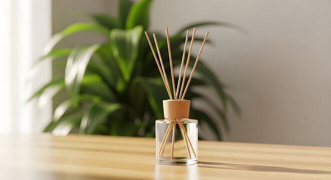 Reed diffuser with wooden cap on a wooden table with a blurred green plant in the background