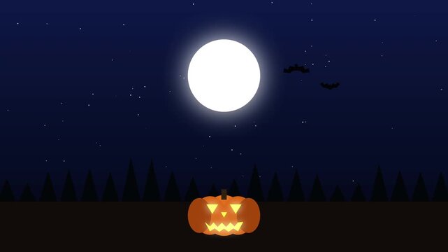 Halloween night with glowing pumpkin and bats under full moon