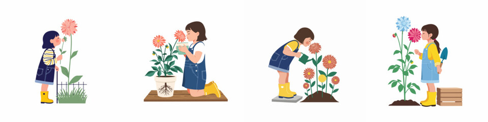 Set of flat illustrations of a young girl gardening, smelling flowers, and watering plants in a garden setting.