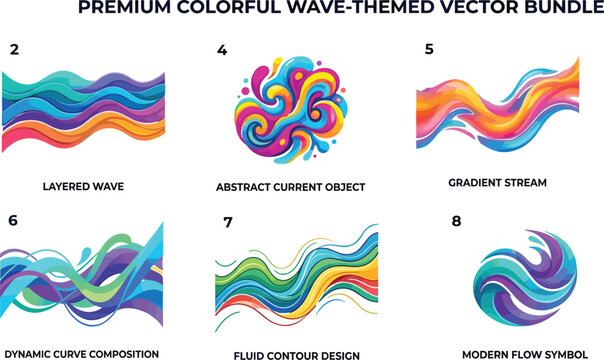 Set of premium colorful wave themed vector graphics featuring abstract fluid shapes, dynamic curves, and gradient flow designs