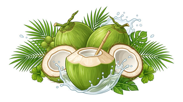 Organic young green coconut cut in half with water splash for healthy drink packaging design