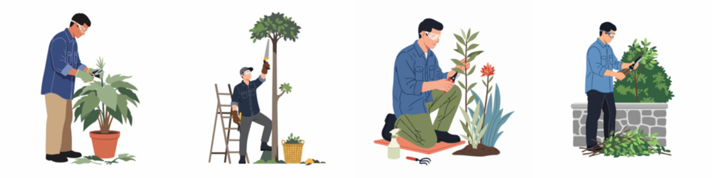 Set of illustrations featuring male gardeners performing various tasks including pruning potted plants, trimming trees on a ladder, and cutting hedges with professional tools.
