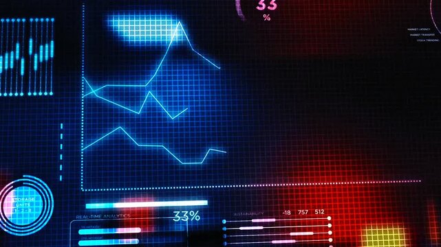 Futuristic HUD interface screen displaying real-time financial charts, stock market graphs, and business analytics. Great for trading, tech, cyber security, and data science concepts.