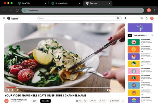 Desktop frame in video website page of cooking vlog