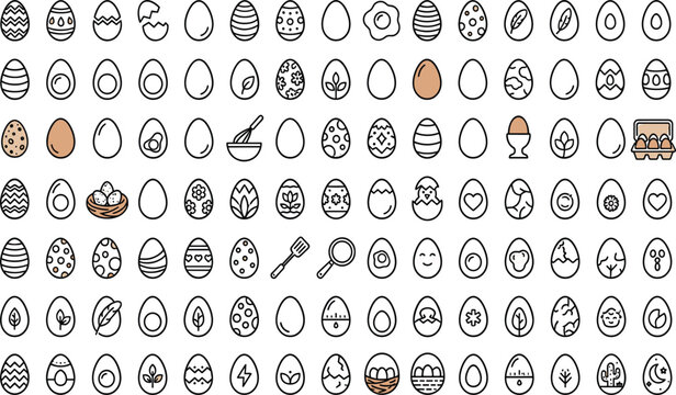 Happy Easter Celebration and Kitchen Cooking Egg Line Icon Set with Patterned Ornaments Birds Nest Carton Fried Food and Botanical Nature Vector Graphic Designs