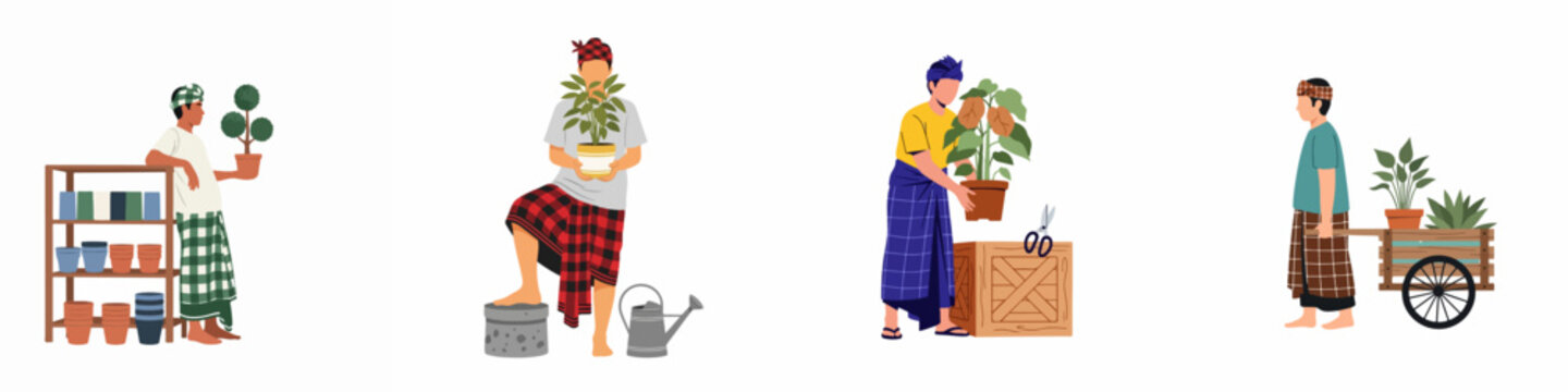 Illustrations of Balinese men in traditional clothing working in a plant nursery with various garden tools and potted plants on white background.