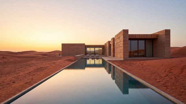 Modern desert home with infinity pool at sunset in sandy landscape