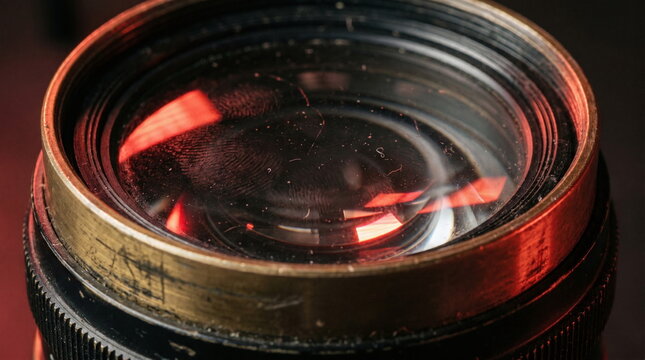 Extreme macro detail of a dusty vintage brass enlarger lens showing a prominent fingerprint on the glass reflecting red darkroom safelight