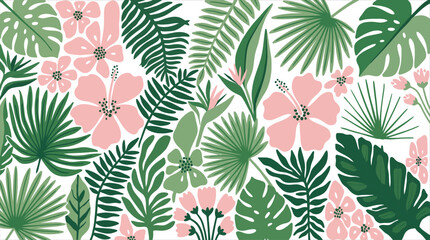 Seamless Tropical Pattern Featuring Hand Drawn Lush Green Palm Leaves and Delicate Pink Hibiscus Flowers for Botanical Backgrounds © Pronob Kumar Ray