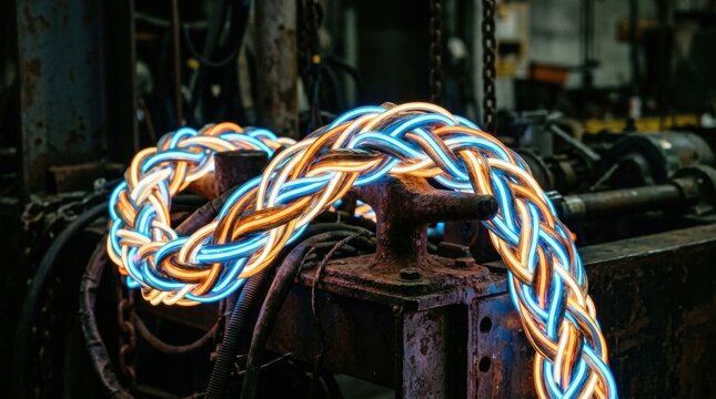 Braided rope of glowing neon tubes in blue and orange coiled around a rusty industrial metal fixture in a dark workshop.