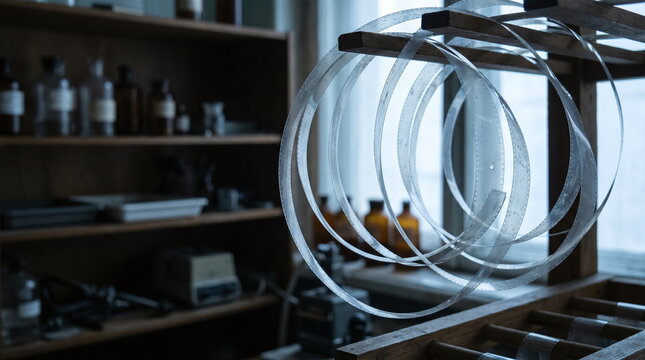 Long curled loops of transparent photographic film hanging on a wooden rack in a darkroom laboratory
