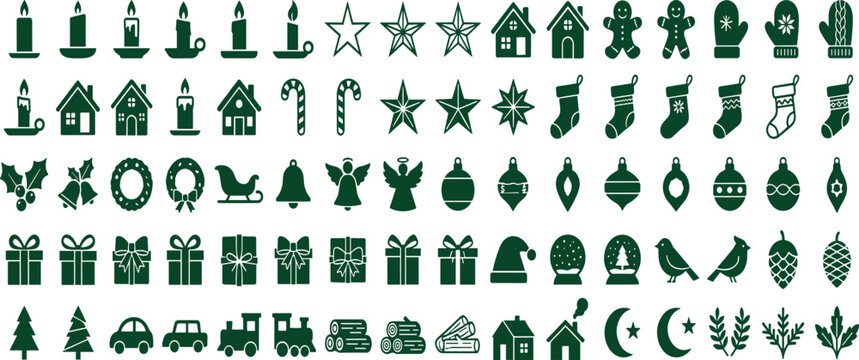 Christmas Holiday Festive Icon Set with Ornaments, Gift Boxes, Candles, Gingerbread Men, and Winter Decorations for Traditional Greeting Cards, Packaging, and Seasonal Web Graphic Designs