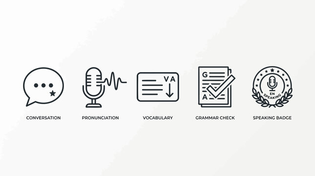 Language learning app icons featuring conversation bubble, microphone for pronunciation, vocabulary cards, grammar check, and speaking badge for fluency and skill improvement.