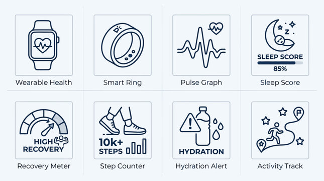 Smart wearable health tracking devices and features including smart ring, pulse graph, sleep score, recovery meter, step counter, hydration alert and activity tracker icons.