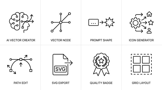 Collection of eight thin line vector icons representing artificial intelligence tools featuring creative process automation prompt engineering file conversion quality assessment.