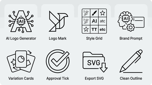 Set of eight outlined branding and design icons showing ai logo generation logo mark development style grid creation brand prompt writing variation cards approval check marks svg export and outline.