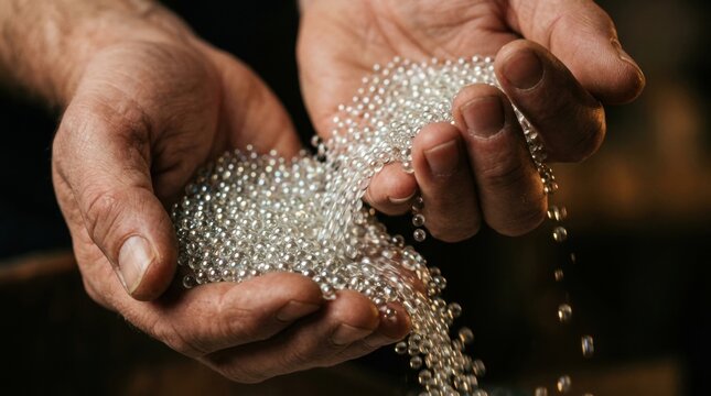 Rough weathered hands pouring a cascade of tiny transparent glass micro-beads from one palm to another in a dark setting.