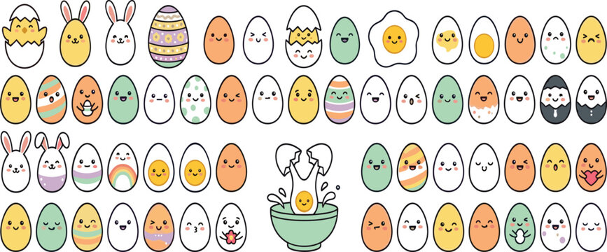 Cute Kawaii Easter Egg Character Icon Set with Funny Faces Bunny Ears Baby Chick Fried Food and Pastel Patterned Ornaments for Children Graphic Designs