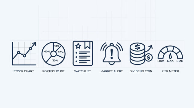 Set of minimalist vector icons illustrating financial market analysis including stock chart portfolio pie graph watchlist market alert dividend coins
