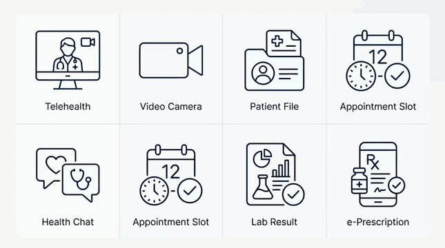 Medical icons set for telehealth patient file appointment scheduling lab results health chat and electronic prescriptions featuring professional healthcare symbols for modern clinical mobile apps 