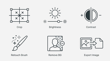 Fototapeta premium Essential photo and image editing vector icon set featuring tools for cropping brightness contrast adjustment retouching background removal and professional graphic export workflow.