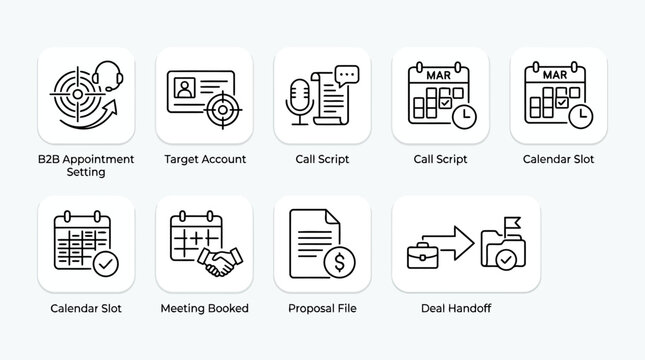 B2B sales and professional appointment setting icons featuring lead targeting strategies call scripts calendar scheduling slots booked meeting coordination proposal documentation.