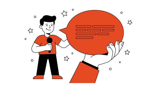 Man holding microphone with large speech bubble in hand
