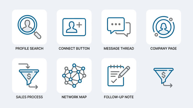 Business networking and sales funnel icon set featuring profile search connect button message thread company page sales process network map and follow up note for professional relationship management.