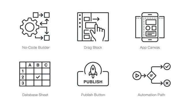No code platform builder tool interface elements vector set showcasing workflow automation database management application canvas drag and drop blocks publishing button icons.