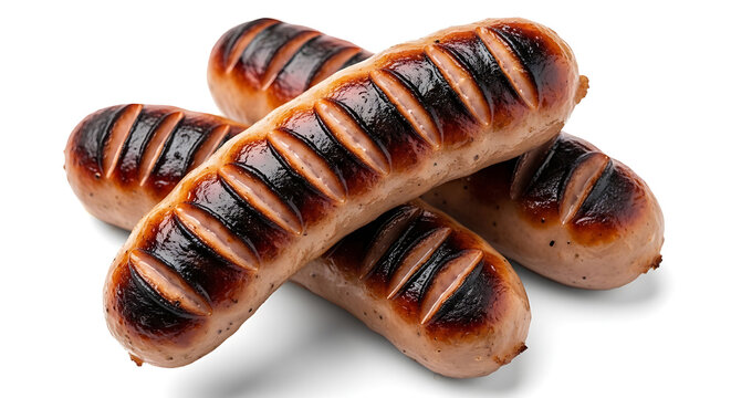 Grilled sausages stacked, charred grill marks