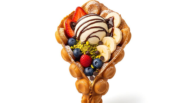 Delicious Bubble Waffle with Fresh Fruit and Ice Cream Toppings