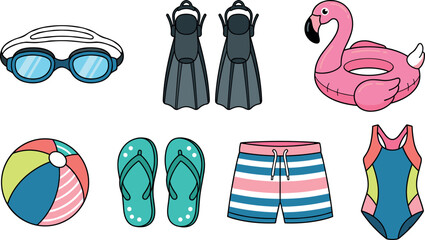 Summer beach vacation and swimming accessories vector icon set isolated on a white background © Imran