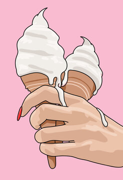 Vector Illustration Closeup of Woman's Hand Holding 2 Melted Soft Summer Ice Cream Cones Against Pink Background