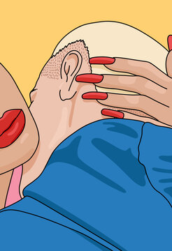 Vector Illustration of a Couple Kissing with Passion. Close up Portrait of Woman Grabbing a Man's Neck in Romantic Loving Sexy Valentines Concept