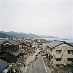 Fototapeta premium Asian village road after destructive earthquake. Broken wooden houses with cracks in walls and collapsed structures. Natural disaster consequences, rural landscape damage and tragedy.