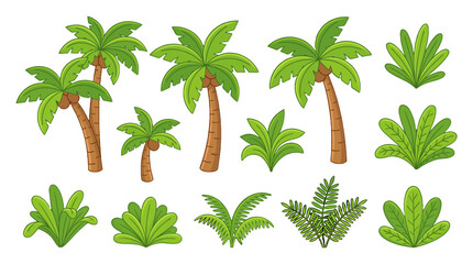 Obraz premium Cartoon tropical palm trees and jungle plants set