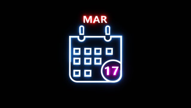 Neon calendar icon showing march 17th date on dark background with glowing lights.