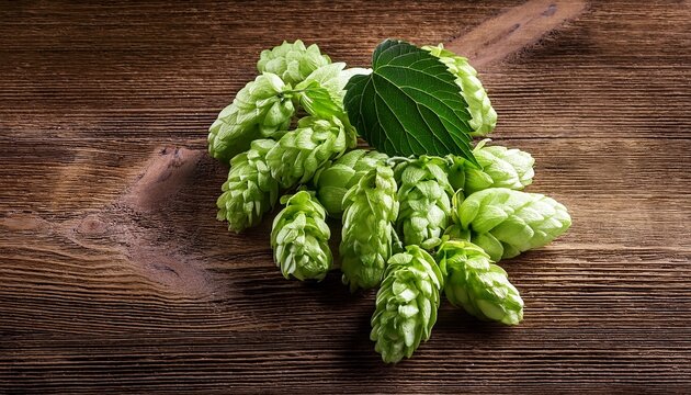 Fresh Green Hop Cones On Rustic Wood Background