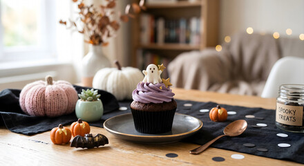 Halloween themed dessert table decoration with chocolate cupcake and pumpkins.〈チョコレートカップケーキとカボチャを使ったハロウィンテーマのデザートテーブルデコレーション〉 © Pallet Labo