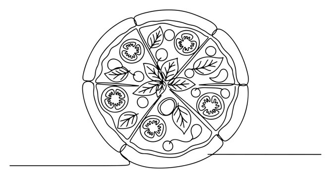 Italian pizza with fresh basil and tomato slices in continuous line art style