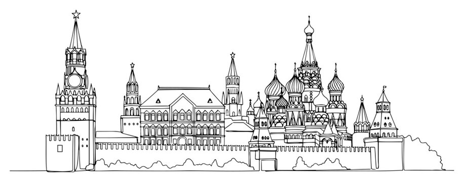 Saint Basil Cathedral and Moscow Kremlin landmark in continuous line art style