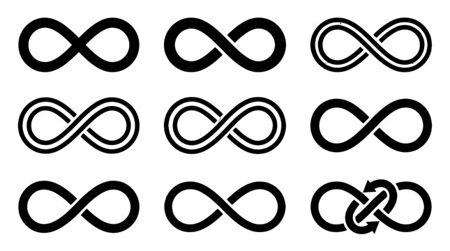 Set of black infinity symbol variations on white background