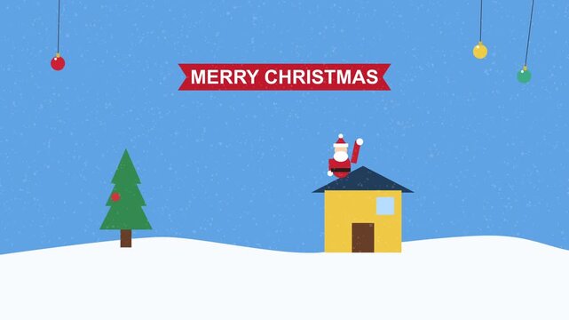 Merry christmas greeting with santa claus in snowy pixel landscape