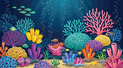 Underwater Coral Reef Vector Landscape Background with Colorful Tropical Fish Sea Anemone Marine Plants and Deep Blue Ocean Water with Rising Air Bubbles © Nayem