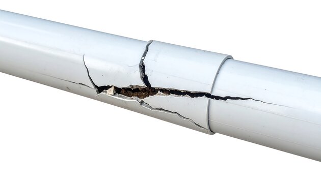 A close-up of a cracked white pipe with visible fractures